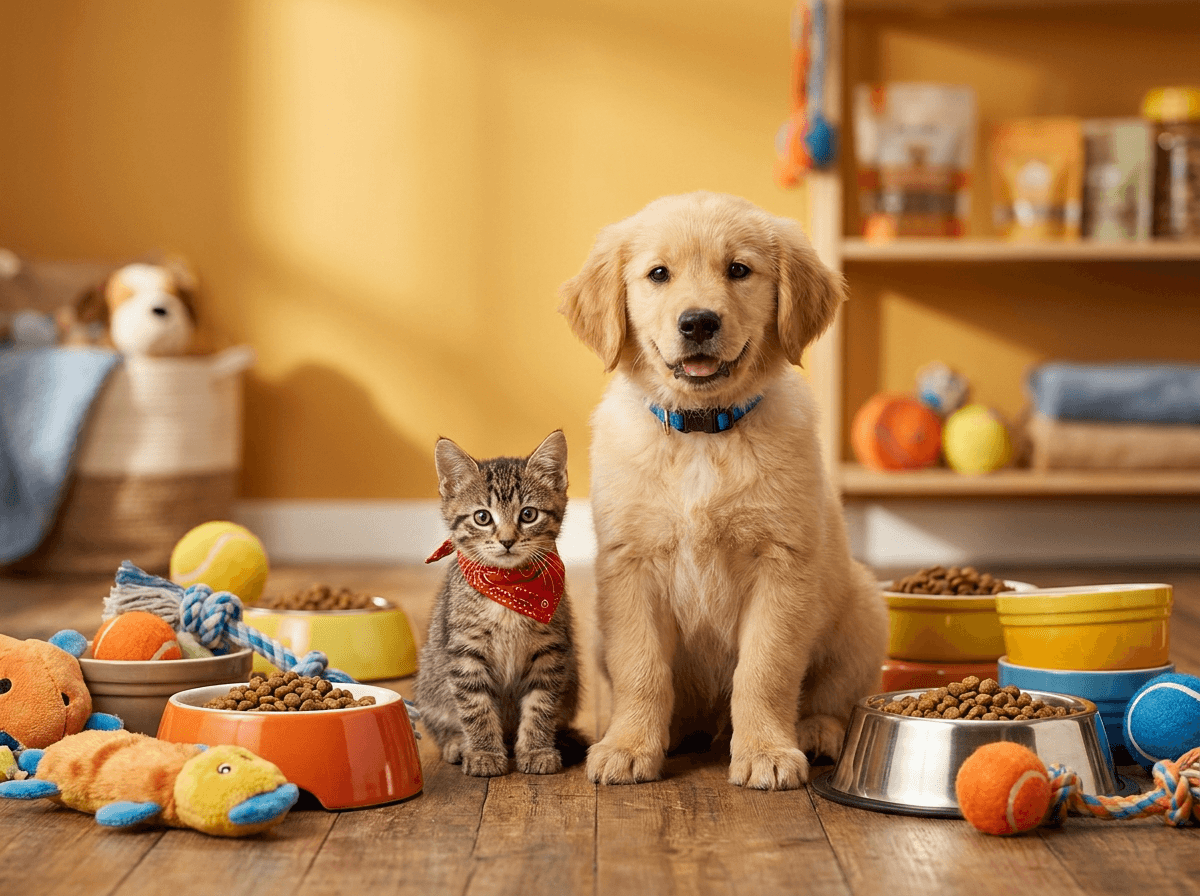 Sevimli Dostlar Pet Market'te yavru köpek ve kedi, mama kapları ve oyuncaklarla